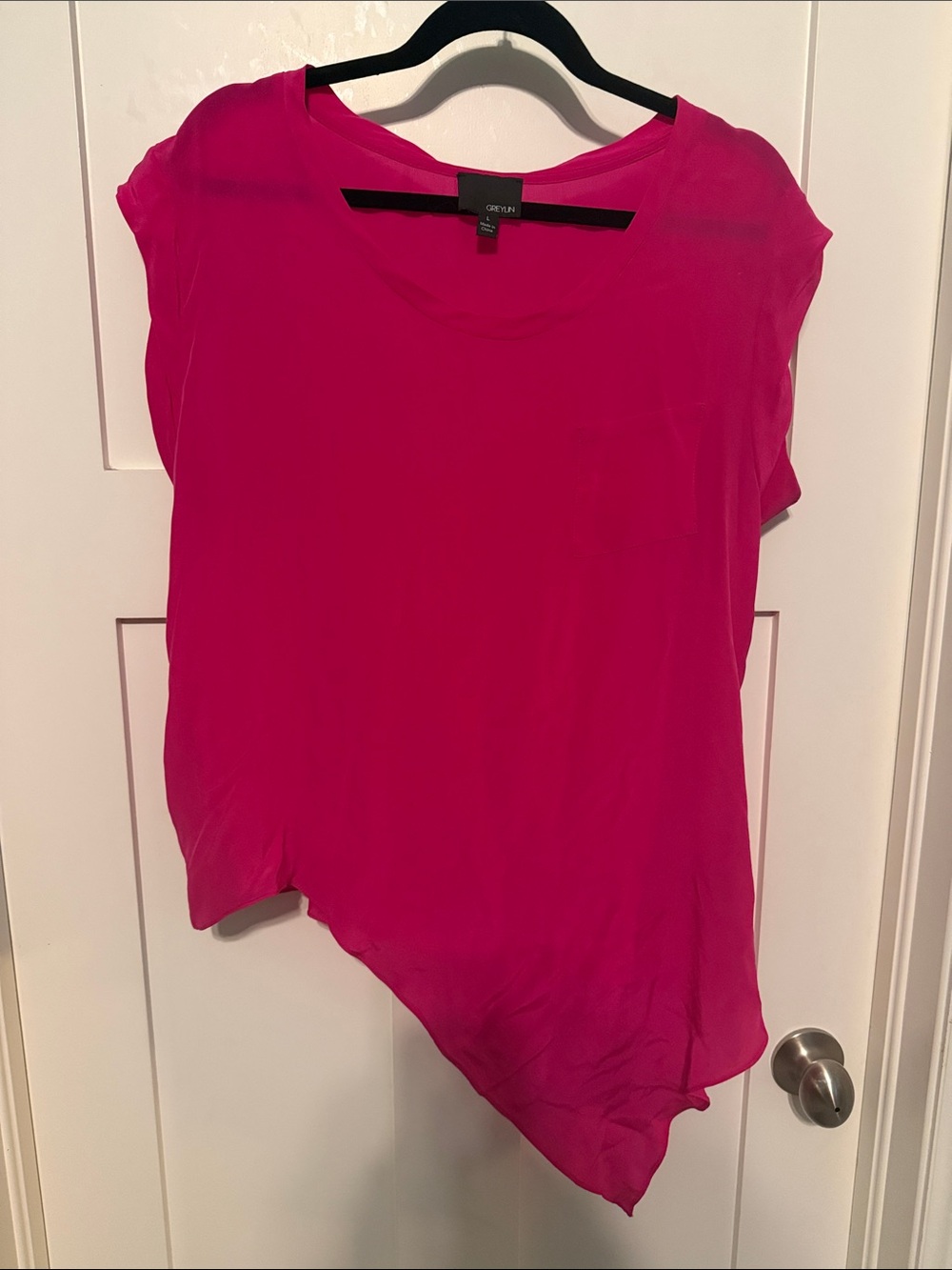 Greylin 100% Silk Asymmetrical Hot Barbie Pink Cap-Sleeve Luxury Blouse